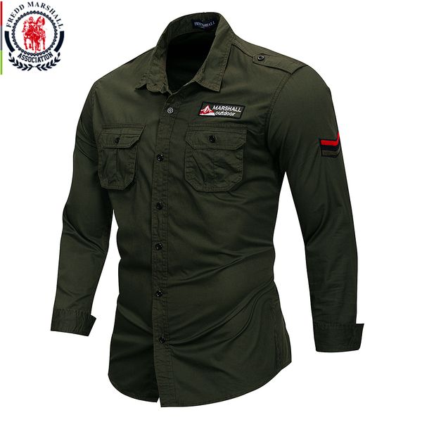 

fredd marshall 2019 new 100% cotton military shirt men long sleeve casual dress shirt male cargo work shirts with embroidery 115 1022, White;black