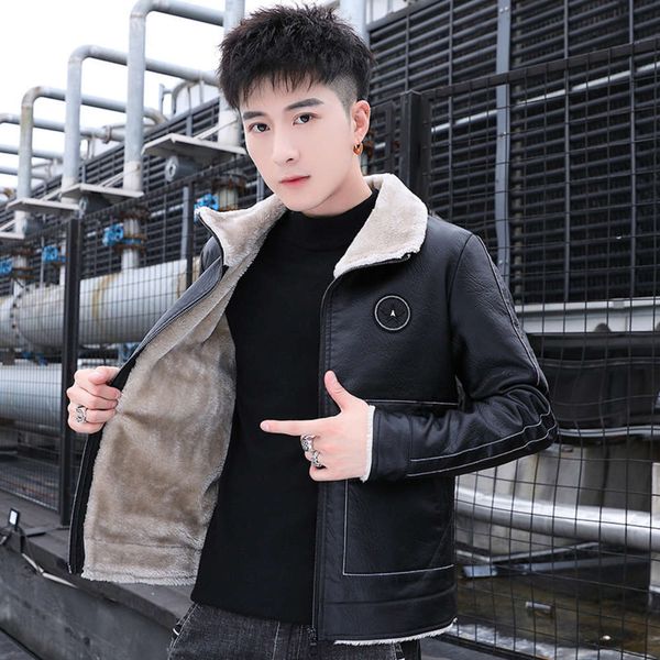 

leather coat autumn and winter 2020 new plush slim trend handsome jacket motorcycle clothes thickened men's wear, Black