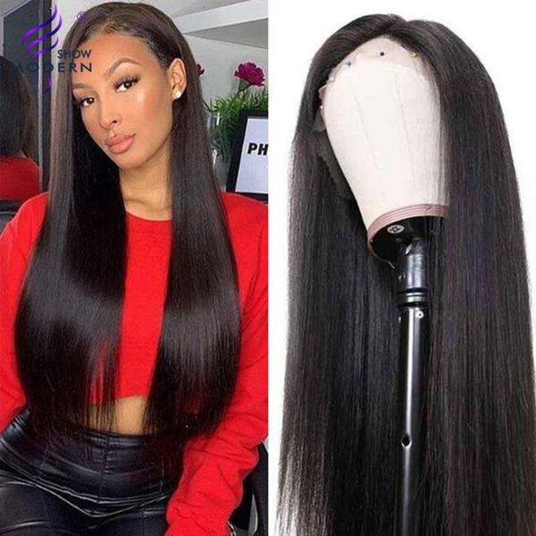 

modern show 13x4 lace front human hair wigs brazilian straight hair wig for black women pre plucked150% density remy, Black;brown
