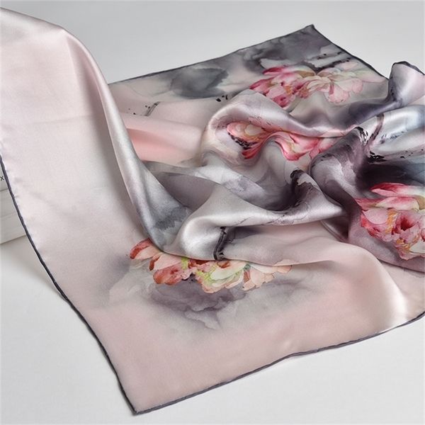 

nature square neck women flower print small real bandana hair scarf 100% natural silk headscarf y201007, Blue;gray