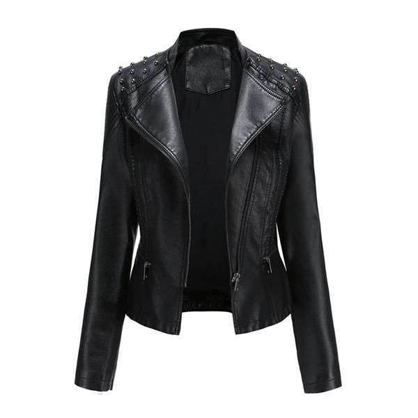 

nxh rivet moto & biker faux leather jacket women turn-down collar black pink punk gothic pu coat 201030