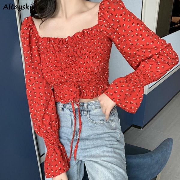

shirts women long sleeve lace up hem ruffles stylish retro lady chic floral womens red elegant fashion slim ulzzang new, White