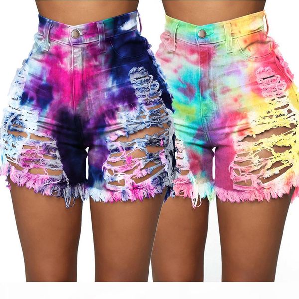 

fashion multicolored denim shorts women ladies tie-dye holes jeans high waist nightclub party casual wear jeans 2020 new arrivals, Blue