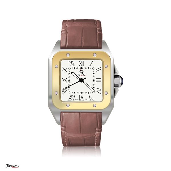 

men's automatic mechanical watch requin mountain gold stainless steel case three hands calendar dial 100xl sapphire waterproof w20 leat, Slivery;brown