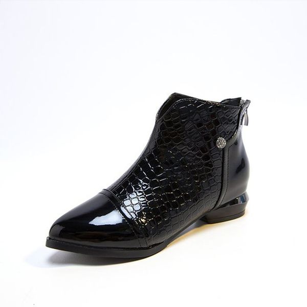 

2021 new women ankle boots patent leather snake crystal button ladies pointed toe shoes plus size fashion 1 e9a5, Black