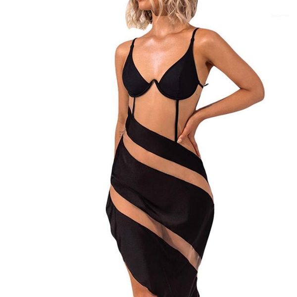 

mesh stitching v-neck sleeveless evening wear dress 2020 women party hollow out dress high split irregular hem club1, Black;gray