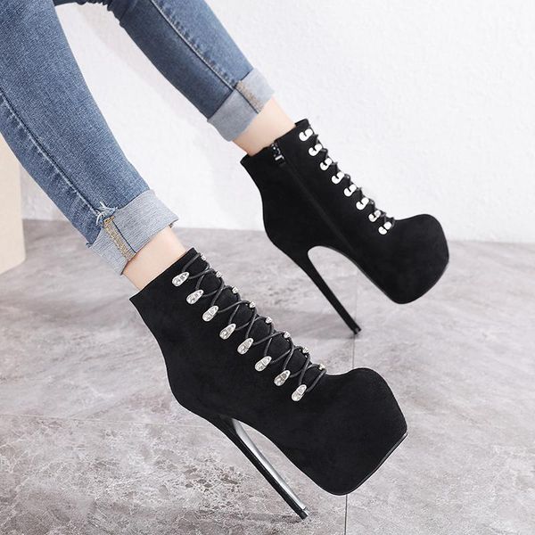 

new classic buckle 13cm super high heel stiletto female boots, Black