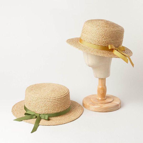 Cappelli a tesa larga Cappello di paglia di rafia fatto a mano per bambini Parte superiore piatta con fiocco per bambini Ragazzi Ragazze Vacanze di viaggio Sun1