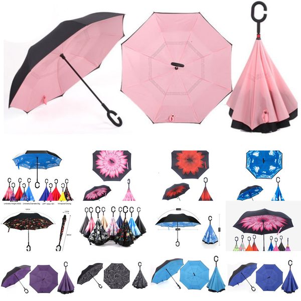 

folding reverse umbrella double layer inverted windproof umbrellas self stand rain protection c-hook hands for car 5 nk8m9