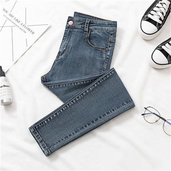 

2021 chic waistline denim pants woman new high fashion elastic jean show thin blue breeches female autumn brim f04r