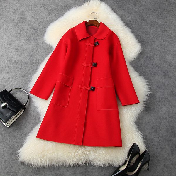 

2020 fall winter long sleeve peter pan neck red pure color pockets single-breasted wool & blends coat elegant long outwear coats ln11t11560, Black