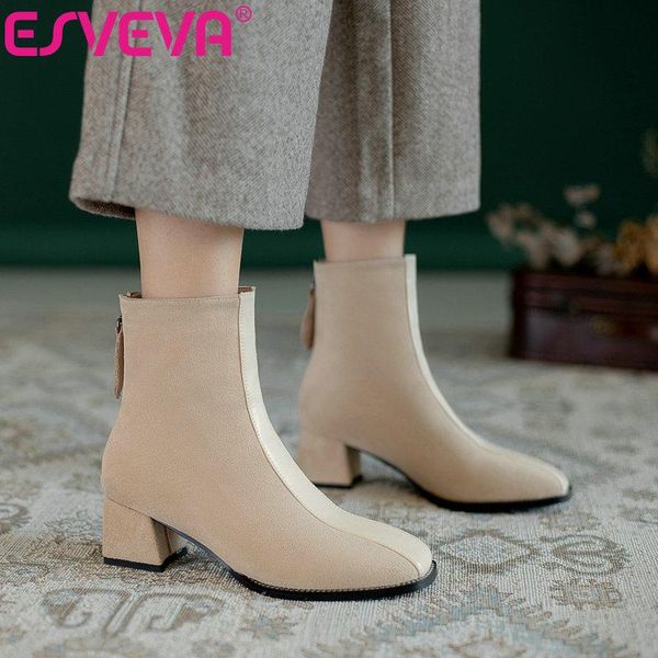 

boots esveva 2021 square med heel flock+pu western style ankle women all match winter shoes black size 34-43