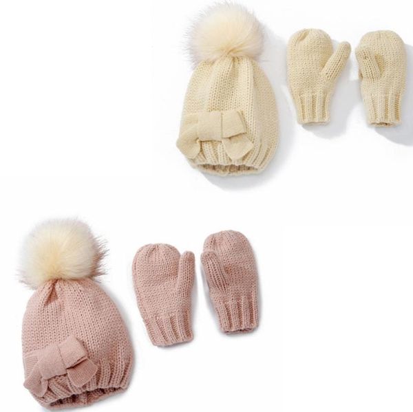 

kids bow hat gloves set children's crochet pompom balls hats and gloves winter boys girls knitted warm caps, Yellow