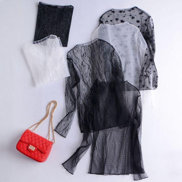 

women mesh lace see through t shirt hollow out transparent undershirt dot base bottoming camiseta femininas clubwear1, White