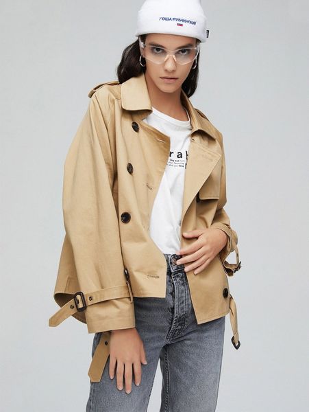 

jazzevar double button raglan sleeve pea coat 60n0#, Tan;black
