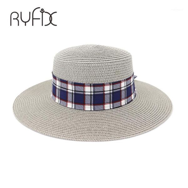 

wide brim hats flat edge straw hat ribbon check sun british wind block female ha721, Blue;gray