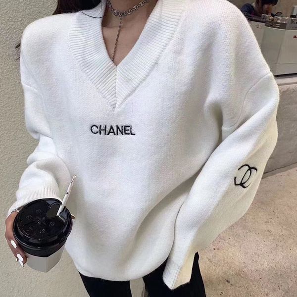 

women's fashion hedging letter print sweater long sleeve v-neck loose jacket sweater ing, White;black