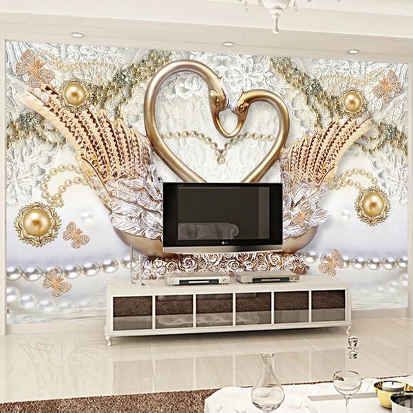 Carta da parati murale personalizzata Lusso 3D Gioielli d'oro Fiori Cigno Soggiorno TV Sfondo Murales Foto per pareti