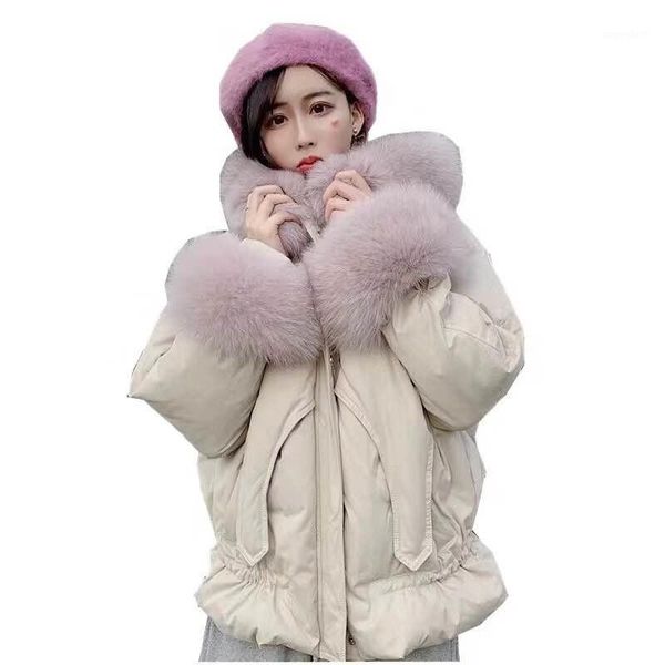 

2020 new winter women large natural fur collar white duck down jacket female casual loose warm thick coat parkas mujer c2101, Black