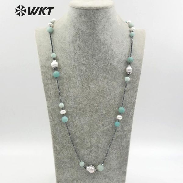 

wt-nv215 wkt мода 37" дюйма длинного ожерелья гематит бусы и круглый синий камень шарик уникального водослива жемчуга с горным хрусталем пав, Silver