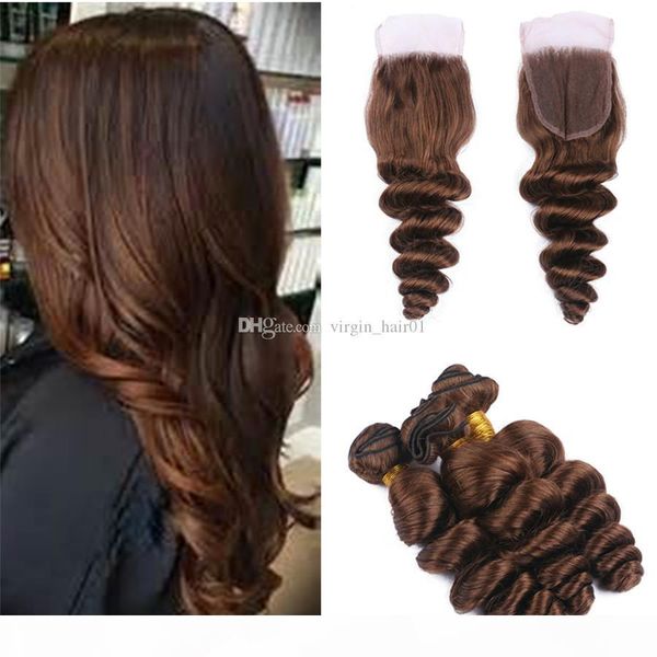 

brown human hair wefts with closure #4 middle brown lace closure with loose wave hair bundles 4pcs lot, Black;brown