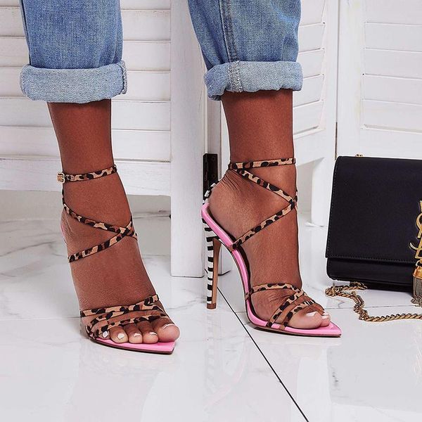 

sandals women stiletto cross strappy high heels 11.5 cm open toe bridal party shoes ladies leopard pumps, Black