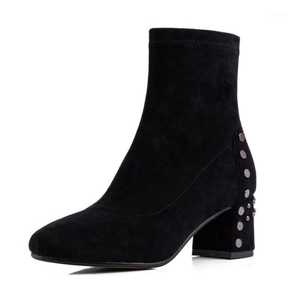 

stretch cloth ankle boots women autumn winter high thick heel shoes lady g248 fashion woman black apricot square toe rivets boot1