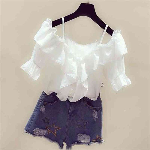 

elegant white blouse women summer thin strap vintage ruffle off shoulder chiffon blouses korean fashion