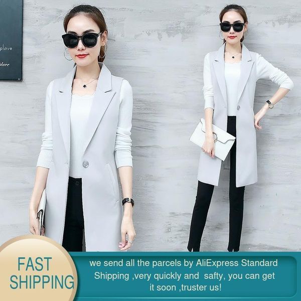 

garemay classic women's long blazer vest elegant office lady coat female waistcoat causal suits sleeveless jacket plus size lj201203, Black;white