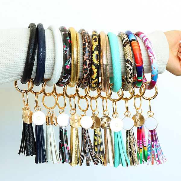 

10pcs tassels bracelets women pu leather wrap key ring leopard keychain wristband candy color sunflower drip oil bracelet chains 34 colors, Red;brown