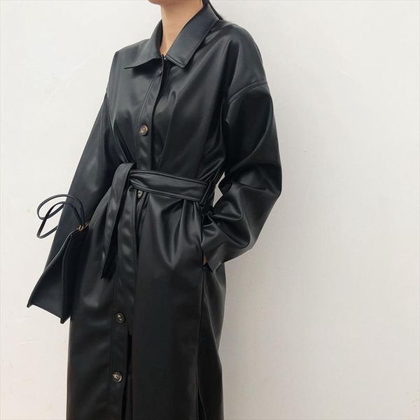 

cool pu leather long jacket 2020 new autumn women loose belt pu leather windbreaker trench coat slim spring jacket ns939a, Black