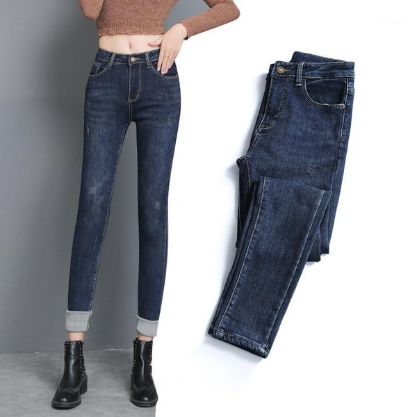 

2020 new sanding stretch denim trousers plus feet pants waist1, Blue