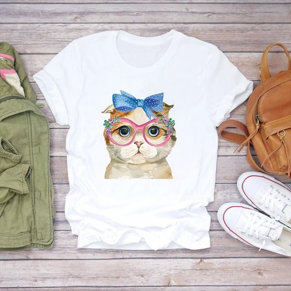 

women t shirts bow cat animal short sleeve printing kawaii womens graphic t ladies print lady shirt female tee shirt, White