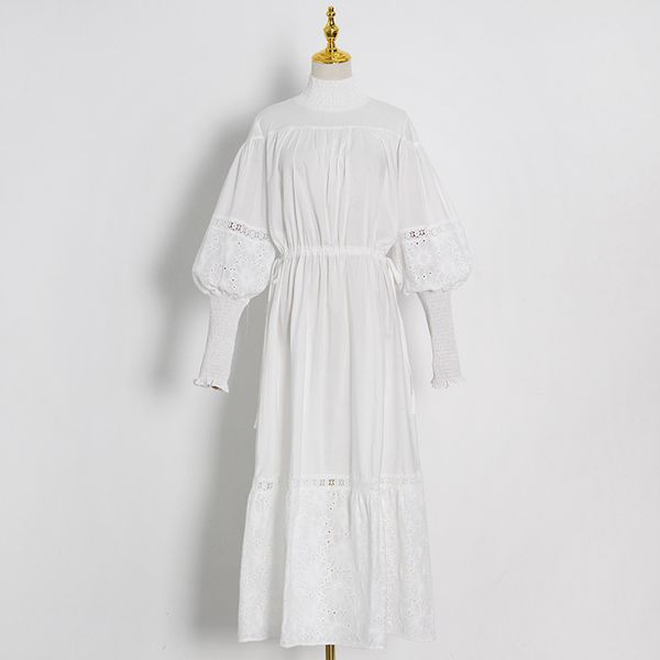 

2020 winter new fashion elegant lady hollow-out lantern sleeve tight waist xian abou flounced long dress, White;black