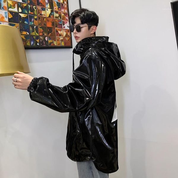 

men hooded pullover leather jacket coat male streetwear hip hop casual black bright leather jacket outerwear autumn new1