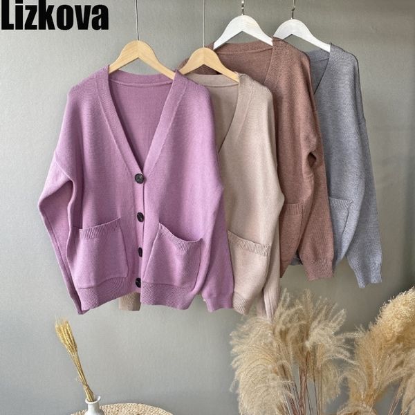 

lizkova purple knitted cardigan women v-neck drop shoulder single breasted casual sweater coat pockets cardigan 201109, White;black