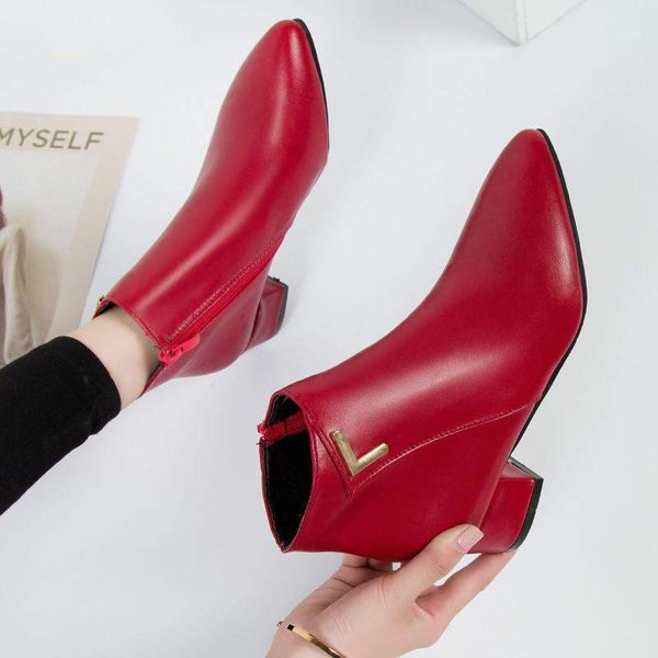

boots drop women casual leather low high heels spring shoes woman pointed toe rubber ankle black red zapatos mujer1