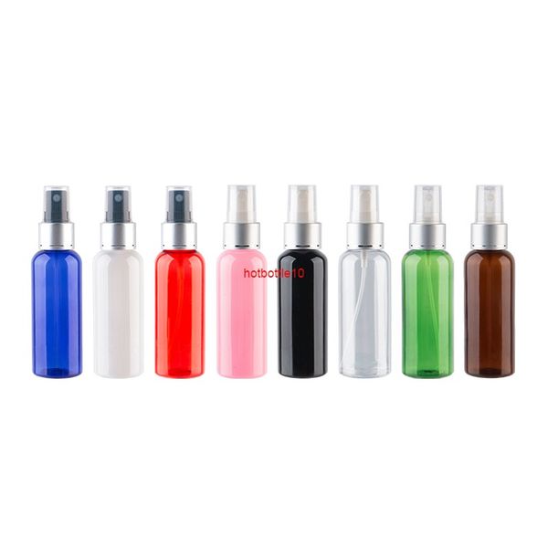50ml X 50 Bottiglie di profumo di plastica riutilizzabili vuote Imballaggio con pompa spray in alluminio Nebbia Atomizzatore spruzzatore anodizzato Spedizione 50cc