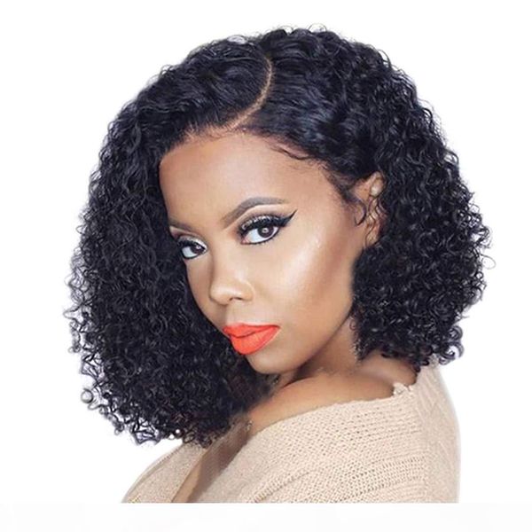 

short bob haircut pre plucked brazilian remy hair curly lace front wig 13x6 deep parting 130% density human hair wigs for black women, Black;brown
