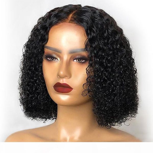 

bob curly wigs 13x4 human hair lace front wigs kinky curly brazilian remy human hair natural color deep part hd t lace wig, Black;brown