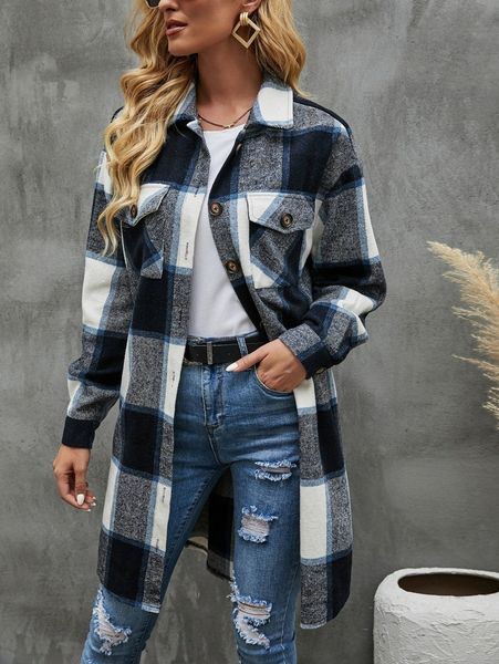 

plaid flap pocket drop shoulder overcoat b18q#, Black