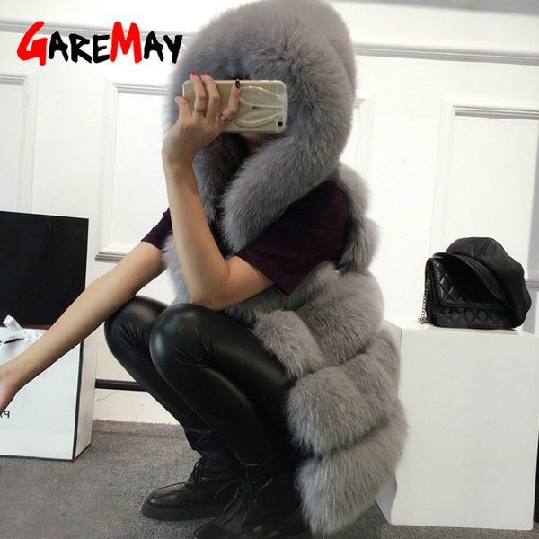 

sleeveless faux fur vest women's winter casual long coat female solid fake fox fur hooded overcoats for women fur vest femme lj201202, Black