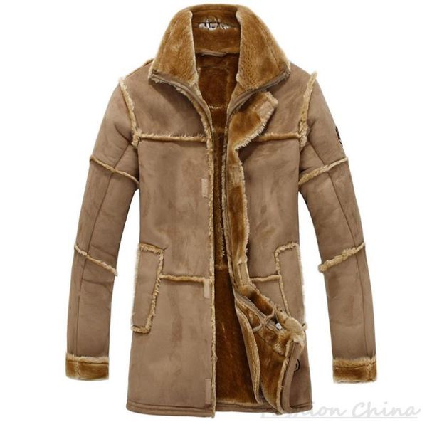 

patchwork suede leather jackets men faux fur coat fleece coat leather jacket luxury thick warm long jacket, Black