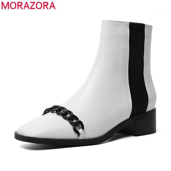 

boots morazora 2021 fashion genuine leather women low heel square toe black white color winter ankle boots1