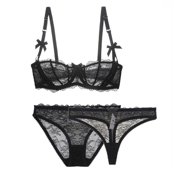 

varsbaby skin-friendly 3 pcs bras+panties +thongs unlined underwear 1/2 cup transparent floral lace half cup bra set lj201211, Red;black