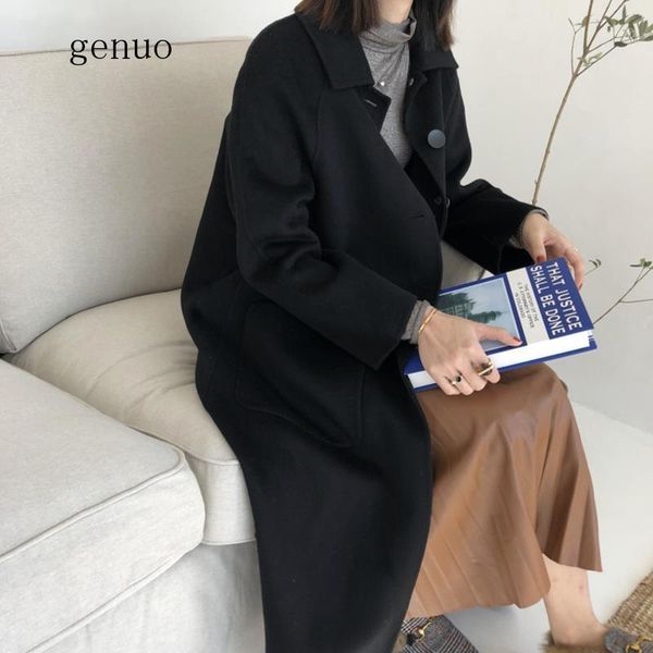 

women's wool & blends women solid color temperament slim-fit simple all-match coat for womens student korean style turn-down collar woo, Black