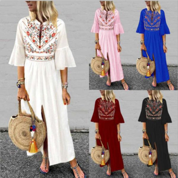 

sleeve ethnic mid style print loose stitched a-line dress, Black;gray