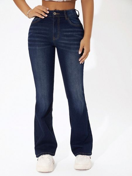 

petite high waisted zip up flare leg jeans j8bw#, Blue