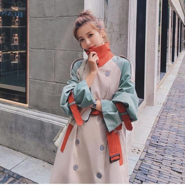 

women windbreaker 2021 new spring autumn double breasted belt lapel trench coat large size loose ladies windbreaker coat y5551, Tan;black