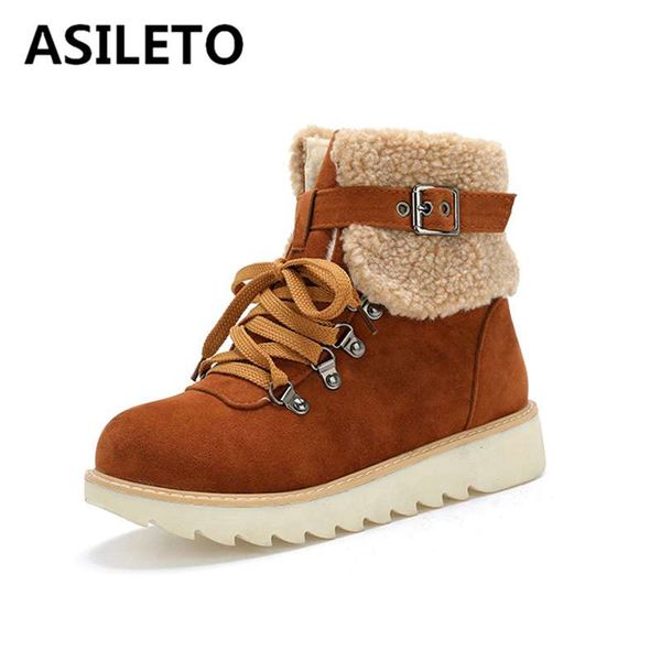 

asileto winter ankle boots for women wedge heels round toe platform lace up warm plush buckle booties mujer bottes chaussures, Black